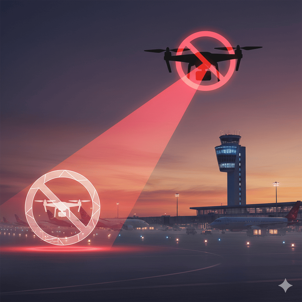 Un dron siendo detectado y bloqueado en una zona aeroportuaria prohibida al atardecer.