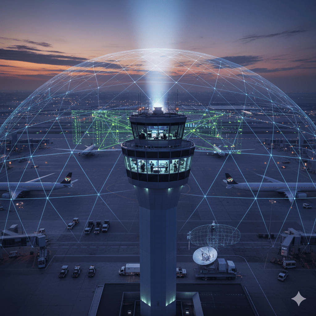 Torre de control de un aeropuerto garantizando la seguridad aérea en un espacio libre de drones.