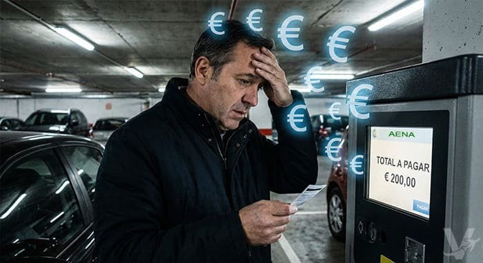 Hombre preocupado pagando tarifa de 200 euros en cajero de AENA.