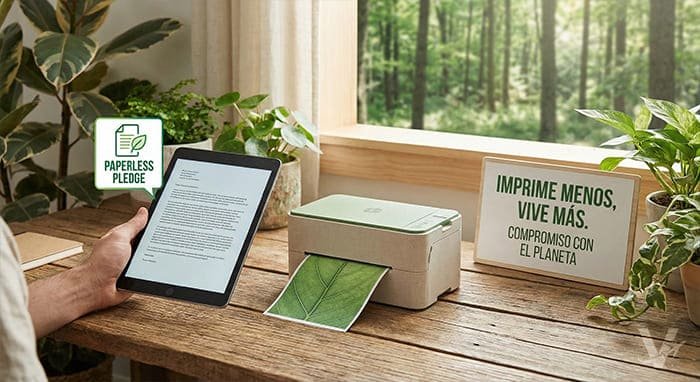 Tablet mostrando contrato digital junto a una impresora que emite una hoja con textura de hoja natural.