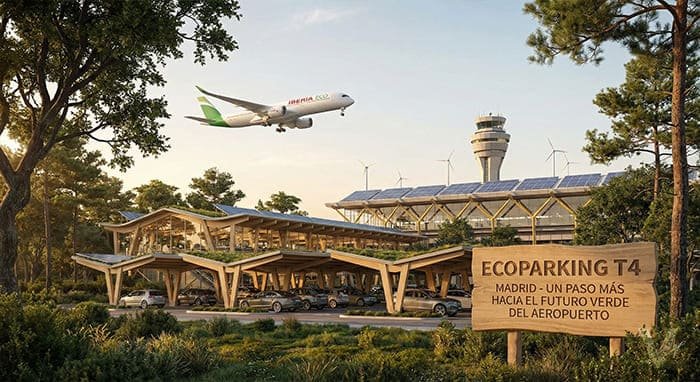 Cartel de madera "EcoParking T4" frente a instalaciones sostenibles con molinos de viento y paneles solares.