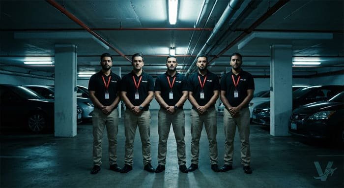 Cinco conductores profesionales de Valet Barajas uniformados con polos negros y acreditaciones en un parking.