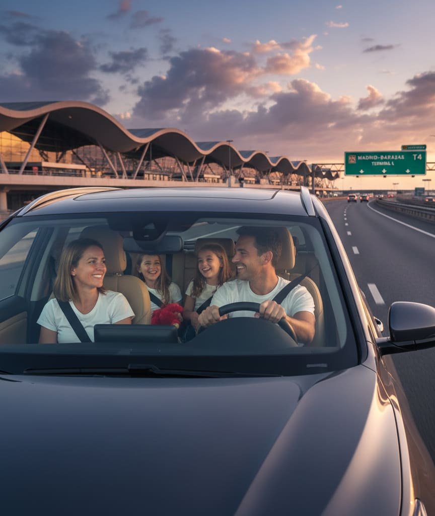 Familia feliz en su coche conduciendo por la autopista hacia la Terminal 4 del Aeropuerto de Madrid-Barajas al atardecer.