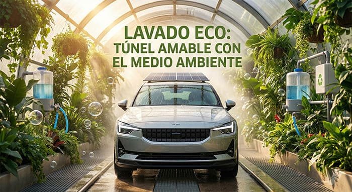 Veh&iacute;culo el&eacute;ctrico Polestar recibiendo un lavado ecol&oacute;gico en un t&uacute;nel rodeado de vegetaci&oacute;n y burbujas biodegradables.