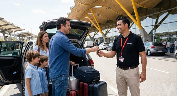 Conductor uniformado de Valet Barajas sonriendo mientras recibe las llaves de un cliente frente a la terminal de salidas T4 del Aeropuerto de Madrid.